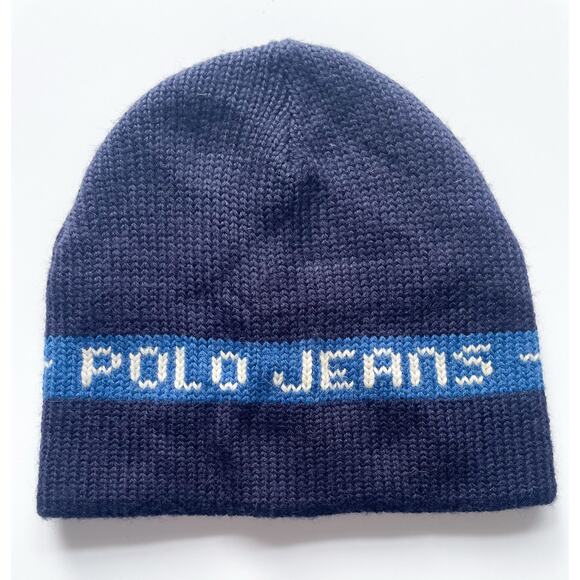Youth Vintage Polo Jeans Navy Blue Knit Wool Blend Winter Beanie - Picture 1 of 6